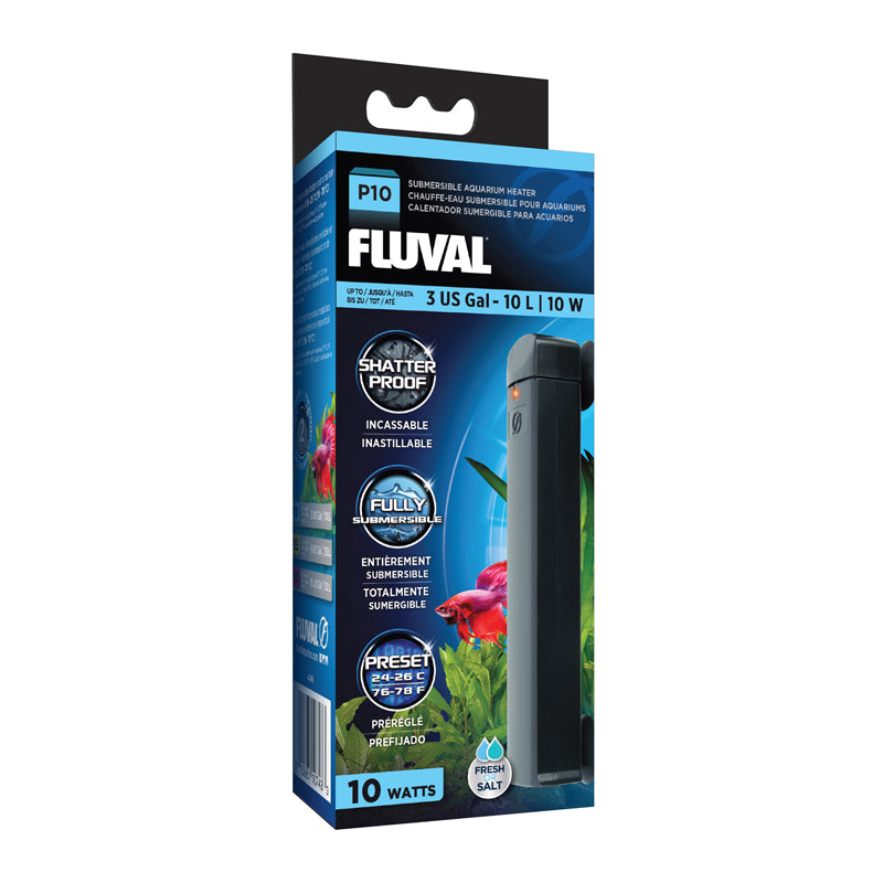 Packaging of Fluval P10 Heater 10W, displaying the product and its features.