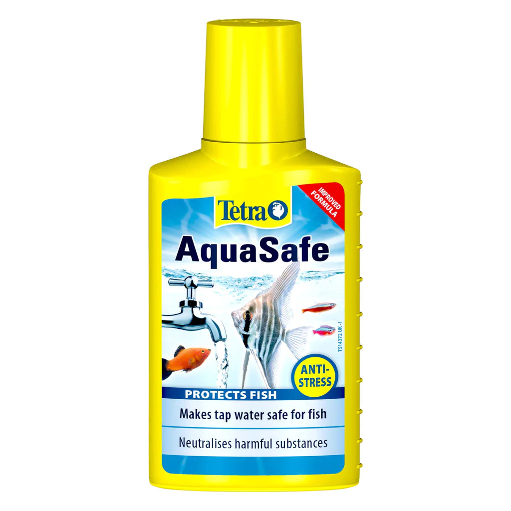 Tetra AquaSafe tap water dechlorinator and conditioner for aquariums.
